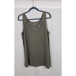 Eileen Fisher Tank Top XL Gray Slub 100% Linen Beaded Party Holiday Casual